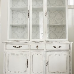 Beautiful hutch, love the wallpaper use.