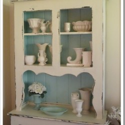 Lovely hutch makeover. Love the color inside and the antiques sign