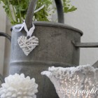 a vintage galvanized watering can is used as a vase for a small bouquet