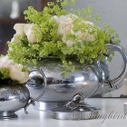 roses in silver teapot and sugar bowl