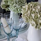 decorating with white flowers and blue glass