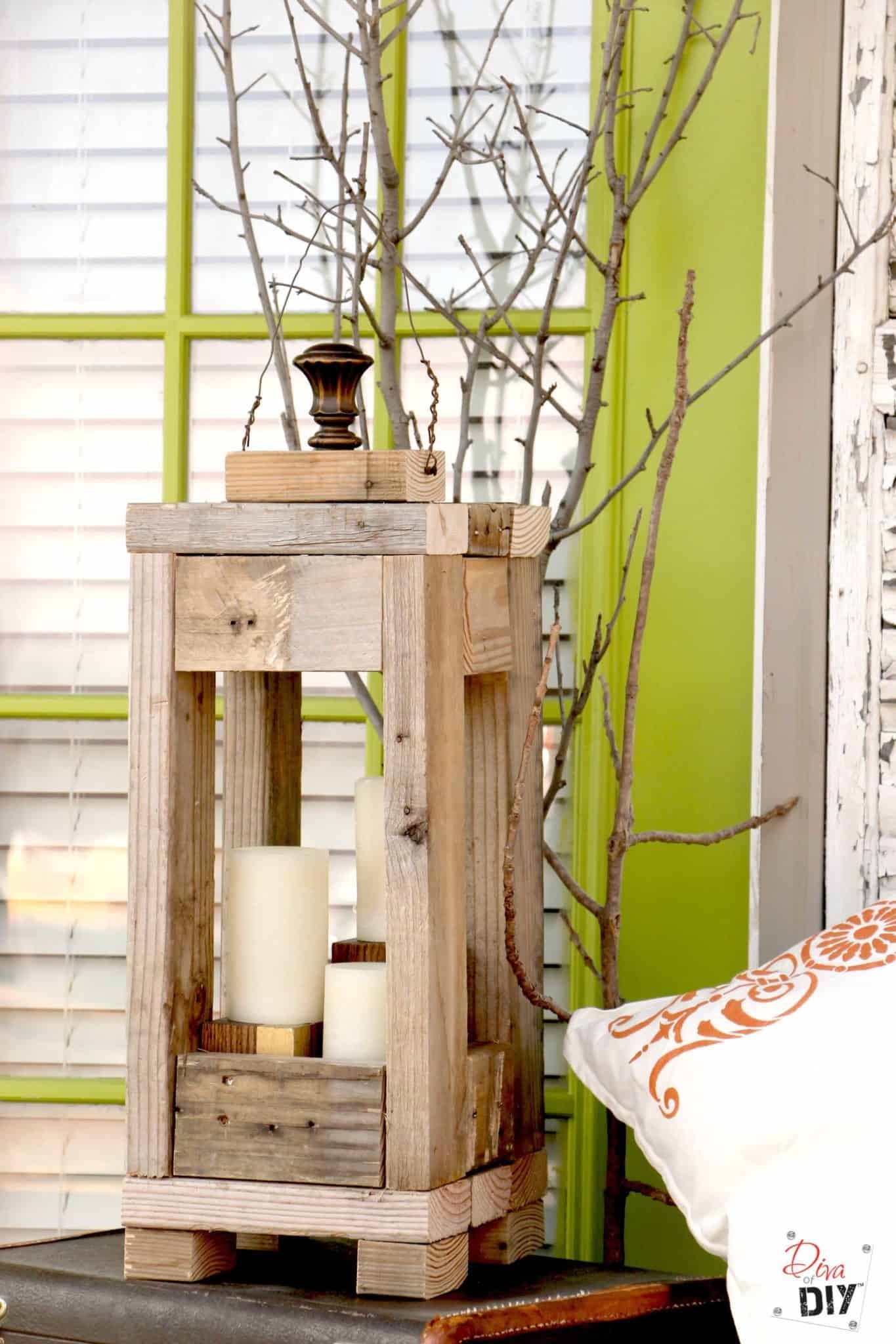 scrap wood large garden lantern with candles