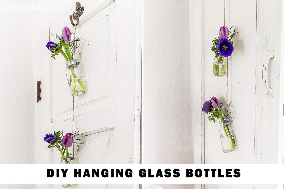 Two images of mini glass bottles with flowers hanging with twine from a hook