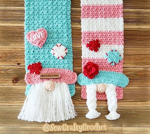 handmade crochet scarf in pink, blue and white with gnome motive
