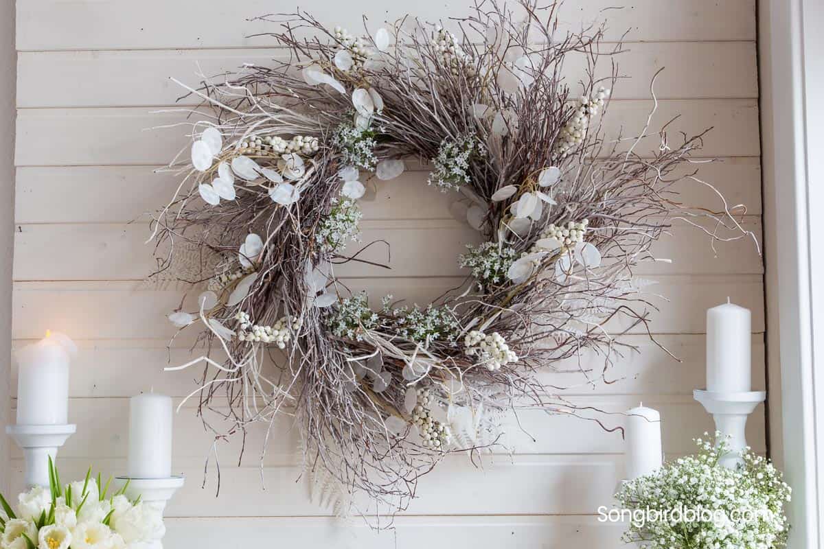 Pin or share this winter twig wreath idea DIY white winter twig wreath mantel decor