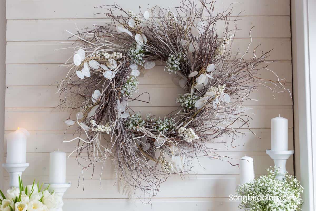 DIY white winter twig wreath mantel decor