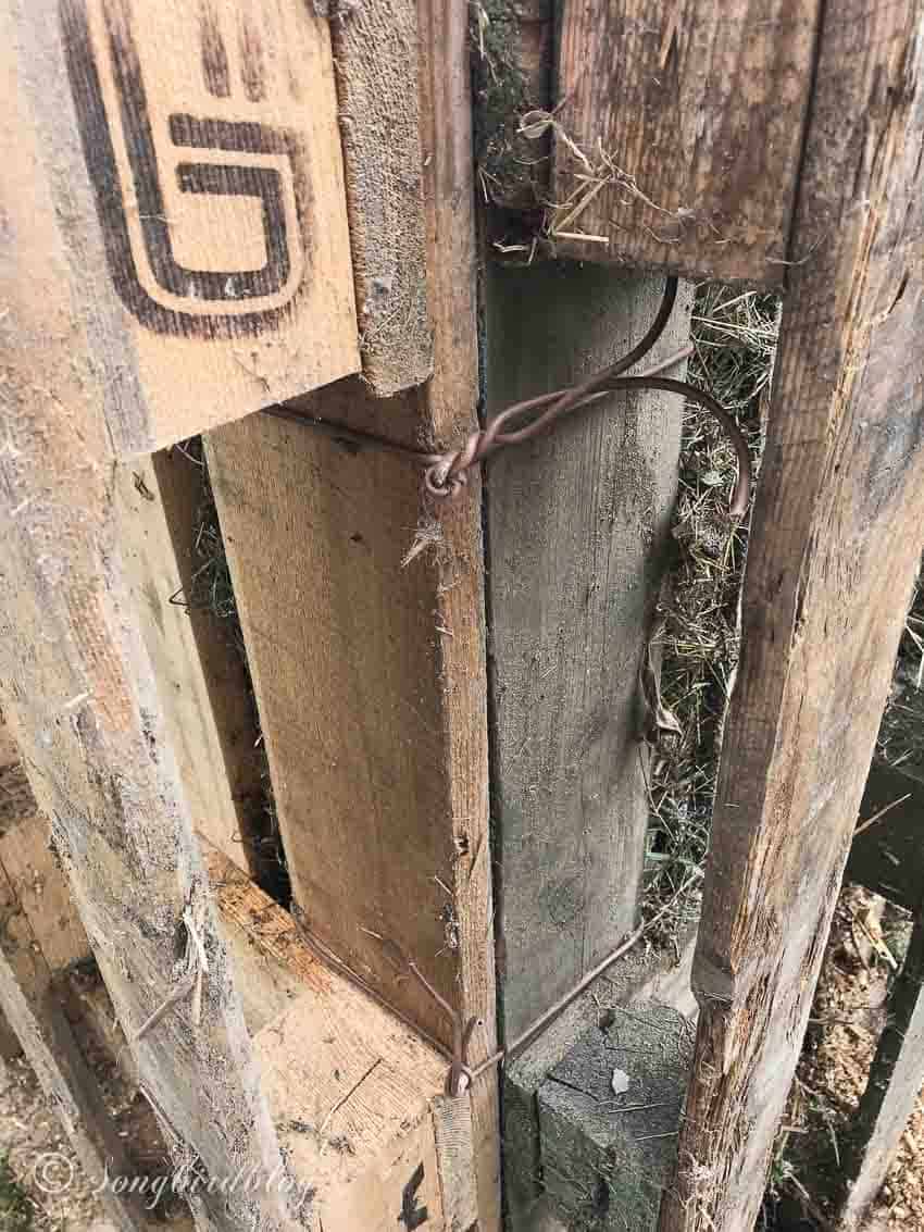 Electrical wire used to attach pallets together to form a pallet wood compost bin