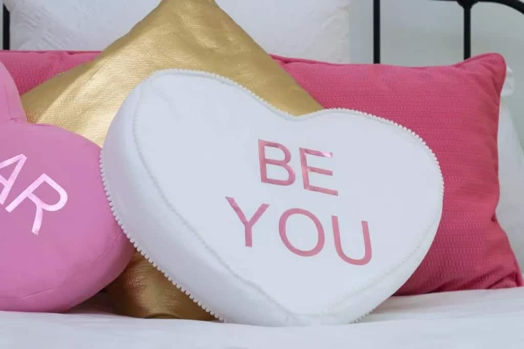 DIY pillow styled as a heart shaped Valentine candy