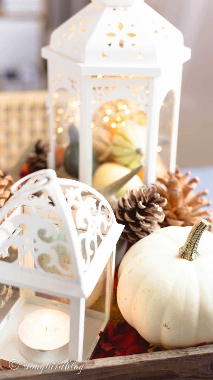 fall lantern centerpiece in a crate