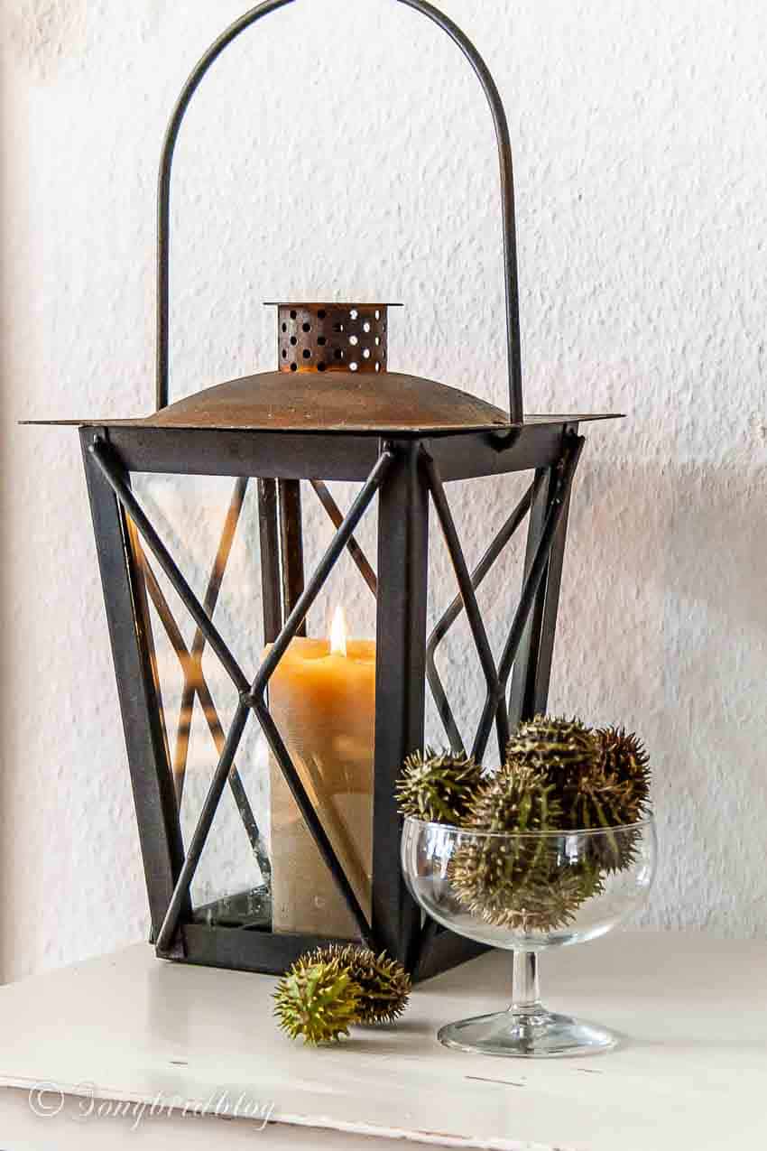 dark lantern with burning candle and mini gourds