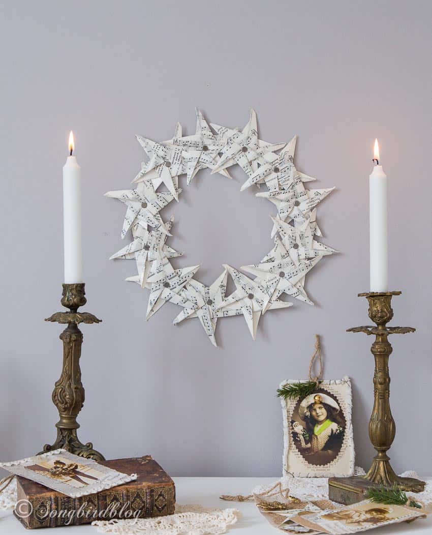 vintage Christmas decor with paper star wreath